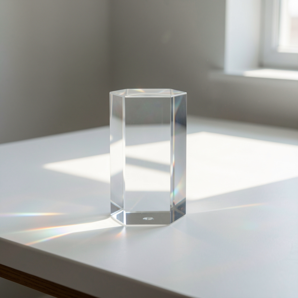 Szklany pryzmat na jasnym blacie biurka, promień naturalnego światła przechodzący przez szkło i tworzący tęczowy reflektor na białej powierzchni, elegancka minimalistyczna kompozycja naukowa