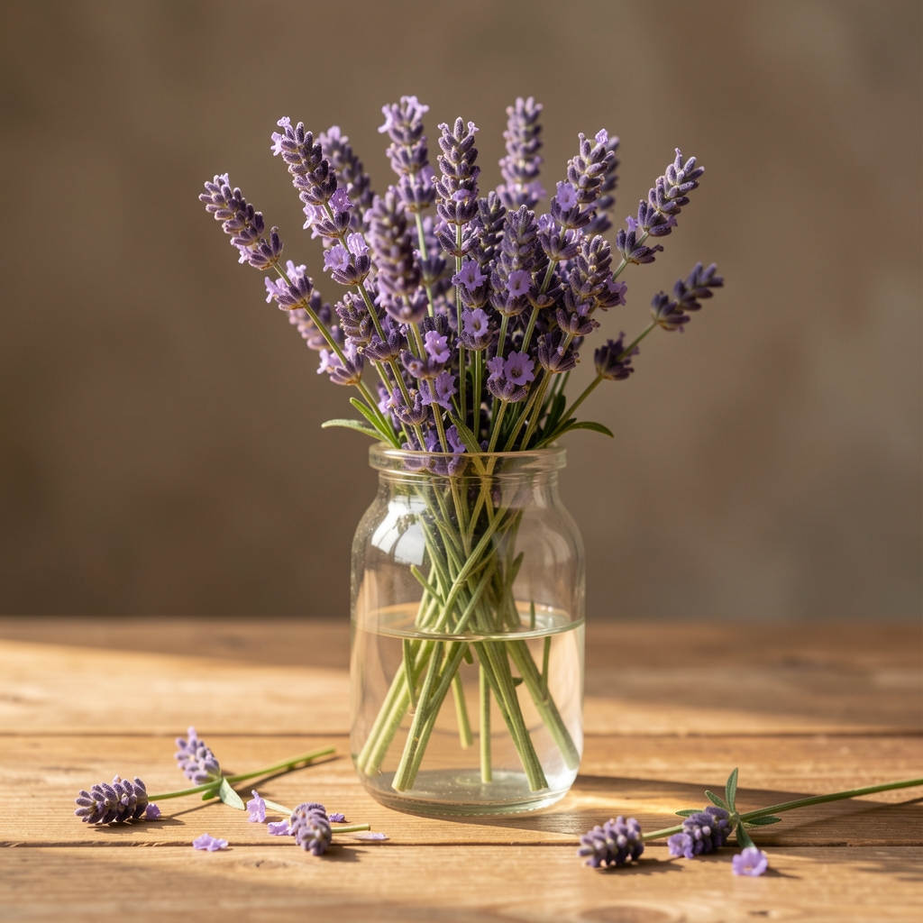 Suszone kwiaty lawendy w przezroczystym szklanym słoiku na drewnianej powierzchni, ciepłe naturalne oświetlenie, spokojny i elegancki nastrój editorial